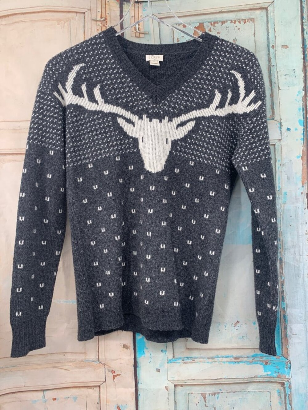 J.Crew Womens V-Neck Gray Sweater Deer Moose Design Small Merino Wool Blend Wint